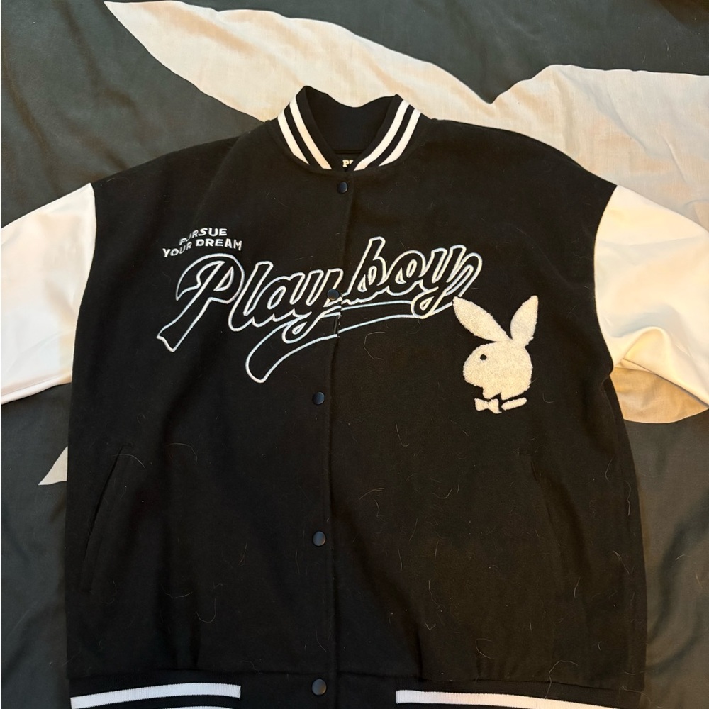 PLAYBOY Black and White Varsity Jacket with Bunny Logo